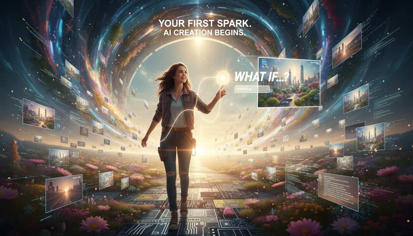 AI 콘텐츠 제작을 시작하는 첫걸음을 상징하는 질문과 이미지 생성 장면