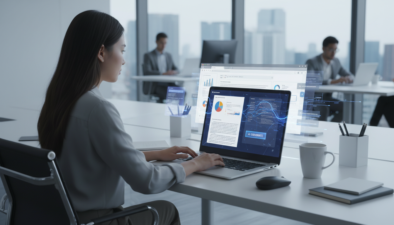 AI 글쓰기 도구를 활용해 보고서와 이메일을 작성하는 직장인의 모습