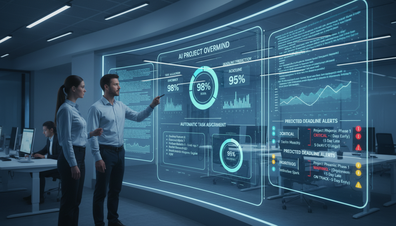 AI가 프로젝트 업무를 자동 분배하고 마감일을 예측하는 프로젝트 관리 장면