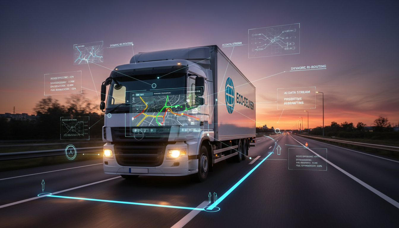 AI가 최적화한 배송 경로를 표시한 물류 차량과 실시간 교통 정보 이미지