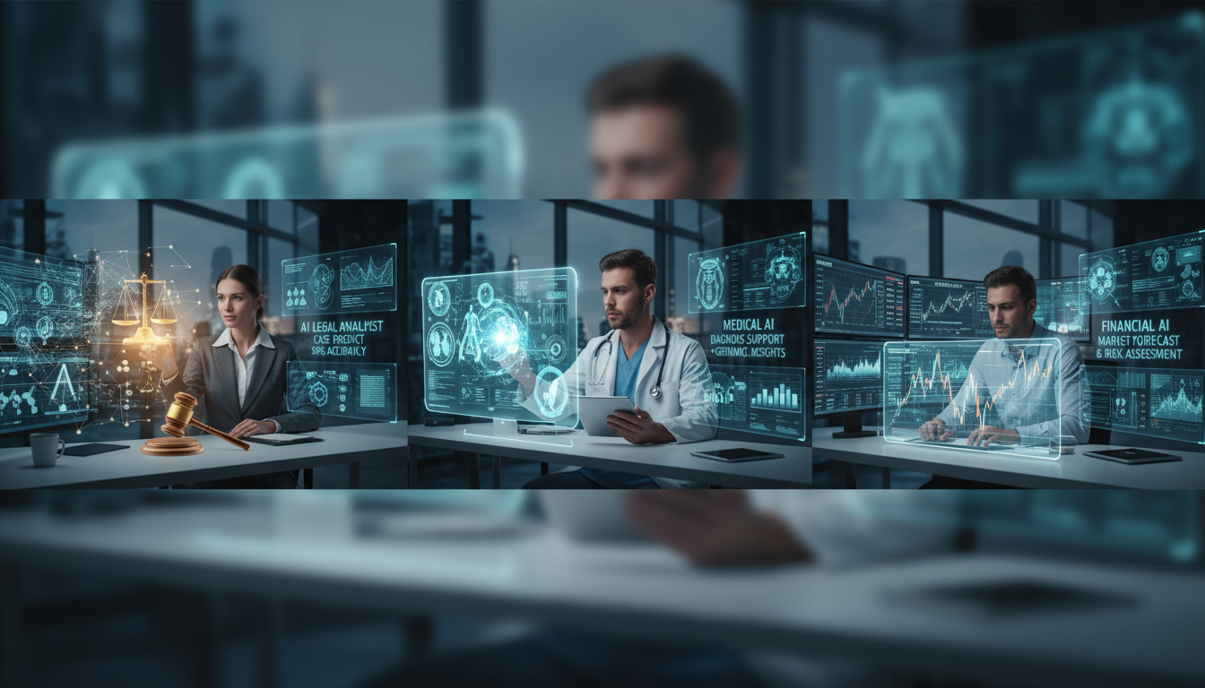 법률, 의료, 금융 분야별 특화 AI가 전문가들을 돕는 장면