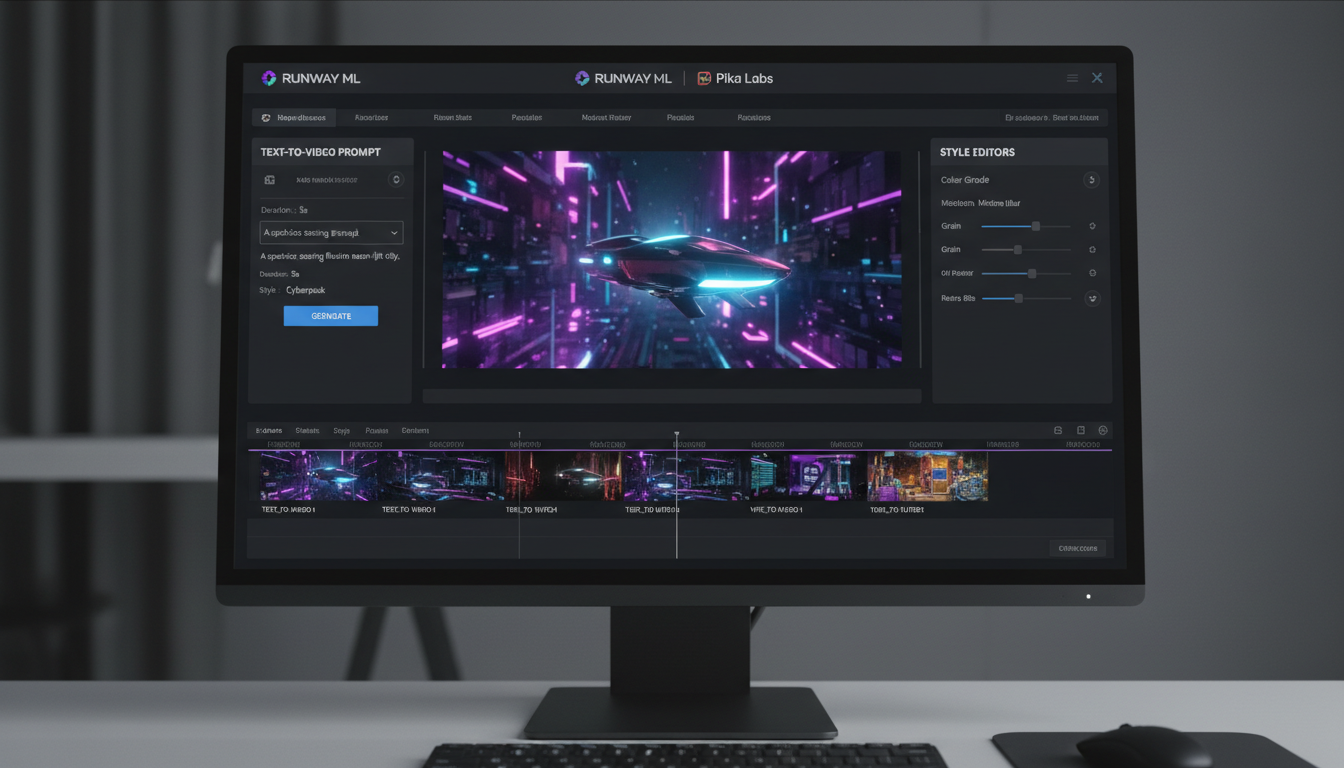 Runway ML과 Pika Labs의 영상 제작 기능을 보여주는 전문적인 숏폼 영상 편집 인터페이스