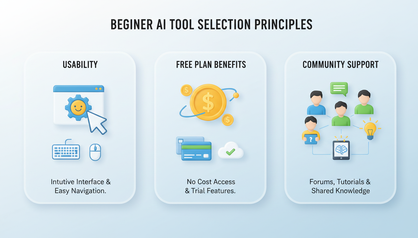 초보자를 위한 AI 툴 선택 시 세 가지 원칙을 설명하는 인포그래픽 이미지