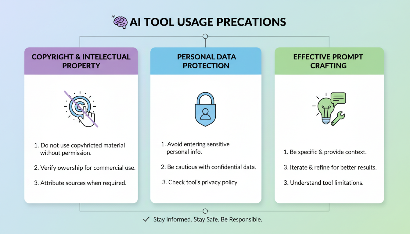 AI 툴 사용 시 저작권, 개인정보 보호, 효과적인 프롬프트 작성법 주의사항을 설명하는 인포그래픽 이미지