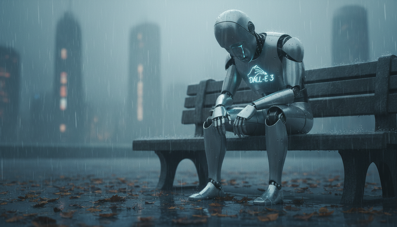 비를 맞으며 앉아있는 슬픈 로봇의 모습으로 초보자에게 친숙한 DALL-E 3 이미지를 표현한 사진