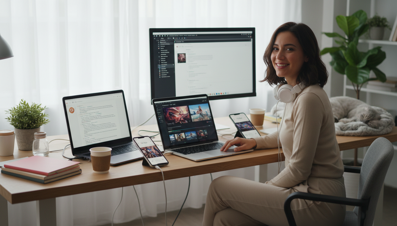 콘텐츠 크리에이터가 ChatGPT, Leonardo AI, Pika Labs를 사용하는 모습을 보여주는 생동감 있는 작업 환경 이미지