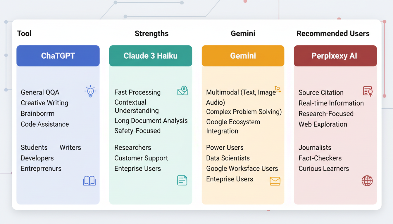 대화형 AI 툴들의 특징과 추천 사용자를 비교하는 차트 이미지